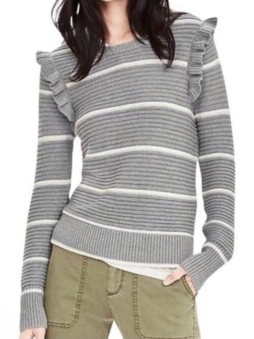 Banana Republic Ruffle Shoulder Striped Ribbed Knit Sweater M